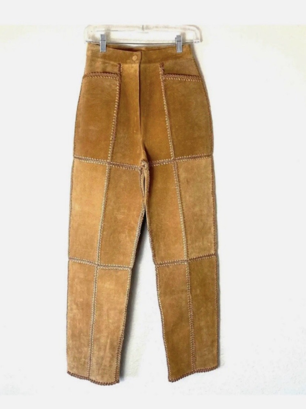 Patchwork Suede High-Waist Pants — Camel Brown